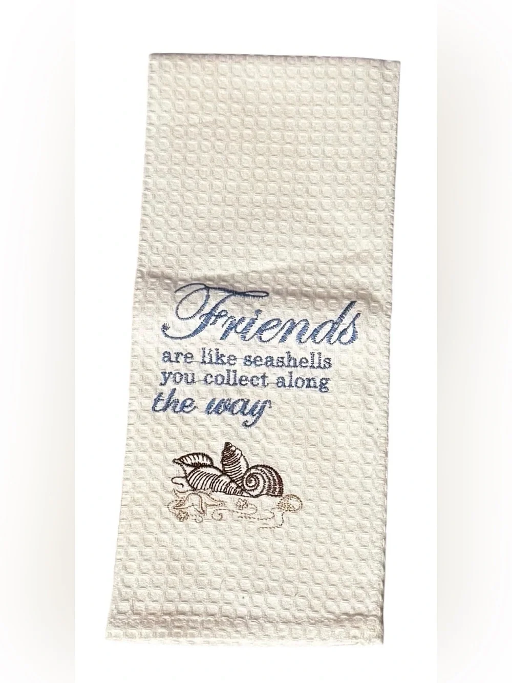 NWOT Embroidered kitchen towel hand dish seashell friends blue white nautical